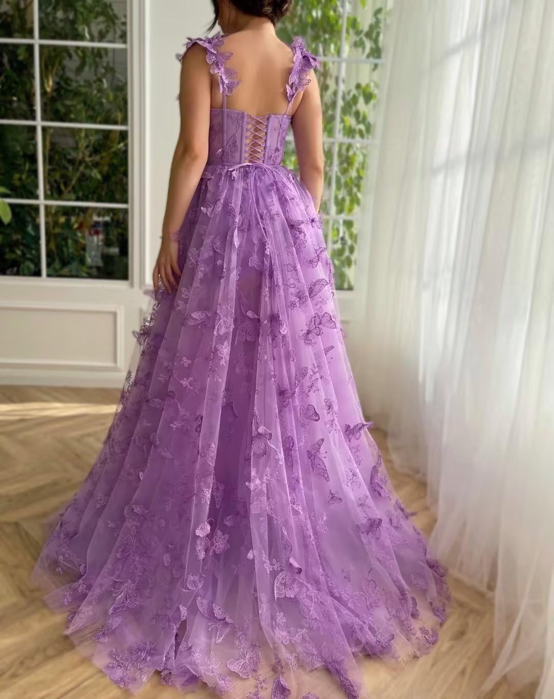 Long Prom Dress with 3D Butterflies Dress Ball Gown Evening Party Wedding Formal Dress Slit