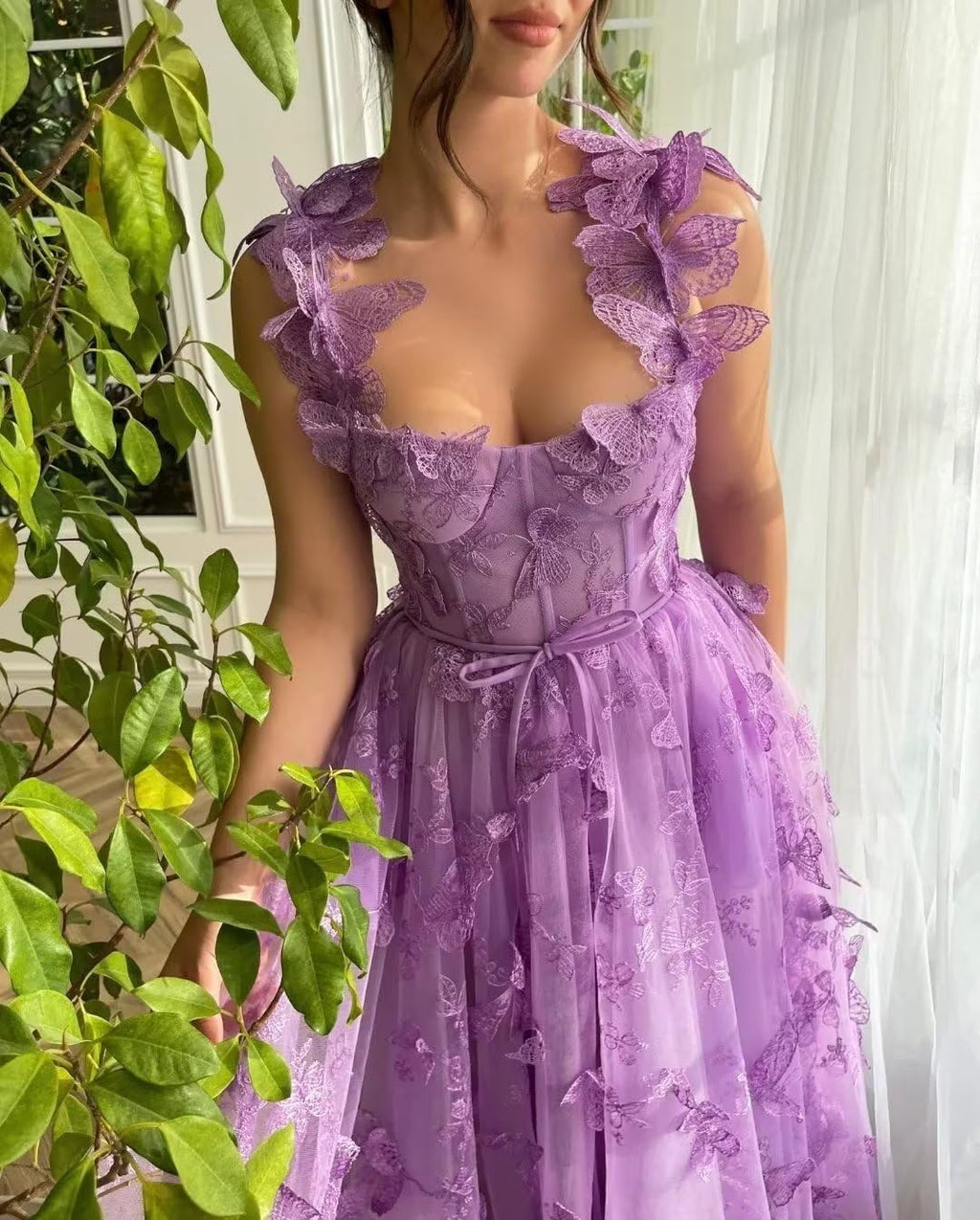 Long Prom Dress with 3D Butterflies Dress Ball Gown Evening Party Wedding Formal Dress Slit