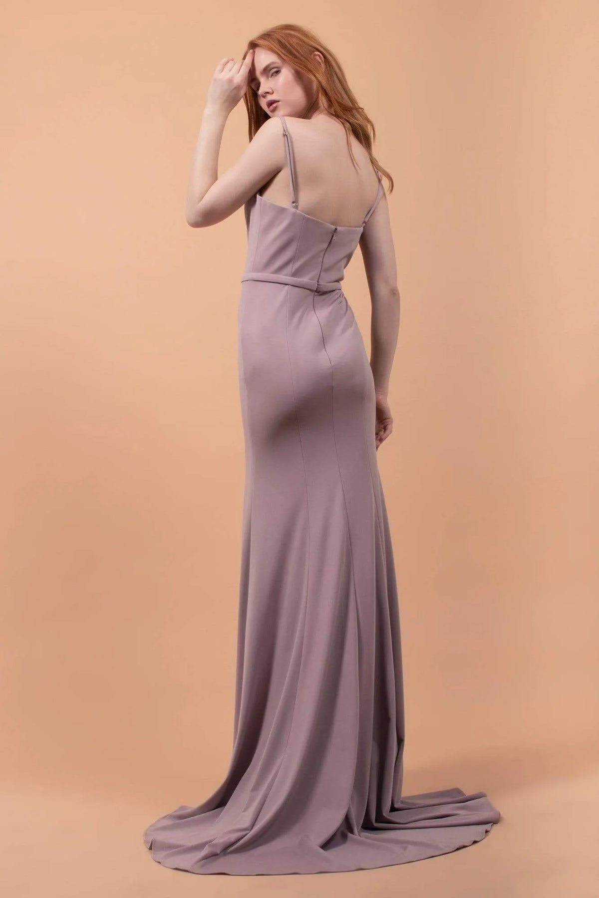 Lilac Evening Gown with Square Neckline Spaghetti Straps Waist Defining Band High Side Slit and Mermaid Silhouette for Formal