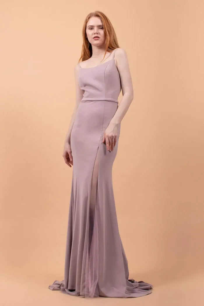 Lilac Evening Gown with Square Neckline Spaghetti Straps Waist Defining Band High Side Slit and Mermaid Silhouette for Formal