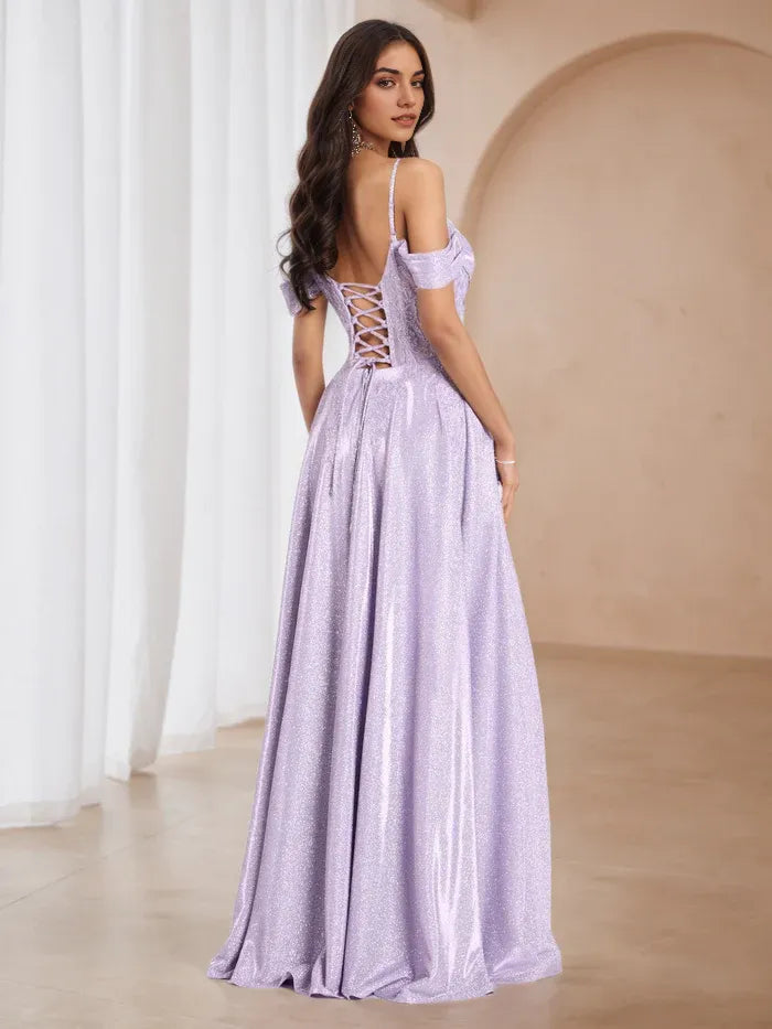 Lilac Glitter Off Shoulder Prom Dress with Side Slit Asymmetric Strap Evening Gown