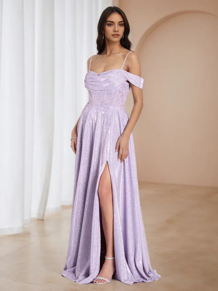 Lilac Glitter Off Shoulder Prom Dress with Side Slit Asymmetric Strap Evening Gown