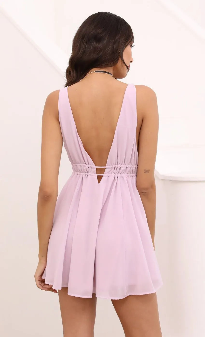 Lilac Homecoming Gown Plunging V Neck Spaghetti Straps Elastic Waist Tie Up Detail and Flowy Skirt for Unforgettable Nights