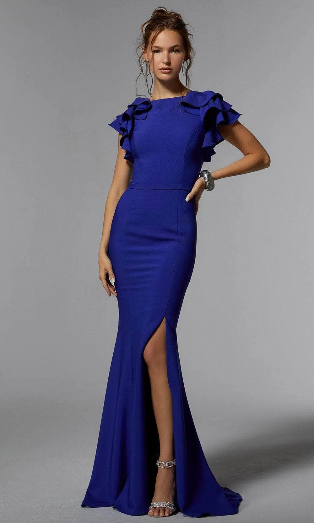 Lilac Mermaid Evening Dresses with Ruffled Cap Sleeves Boat Neckline Waist Defining Seams and High Side Slit
