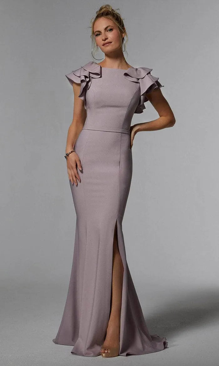 Lilac Mermaid Evening Dresses with Ruffled Cap Sleeves Boat Neckline Waist Defining Seams and High Side Slit