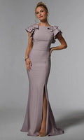 Lilac Mermaid Evening Dresses with Ruffled Cap Sleeves Boat Neckline Waist Defining Seams and High Side Slit