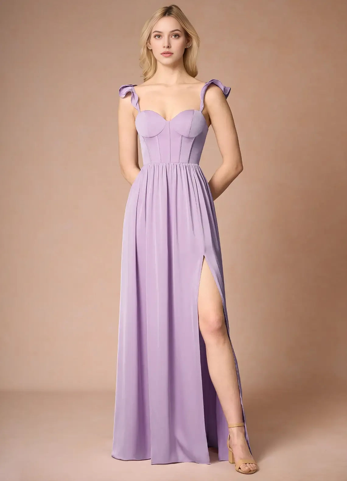 Elegant Red Ruffled A-Line Classic-Neck Classic-Sleeve Lace-Up-Back Floor-Length Prom Dress