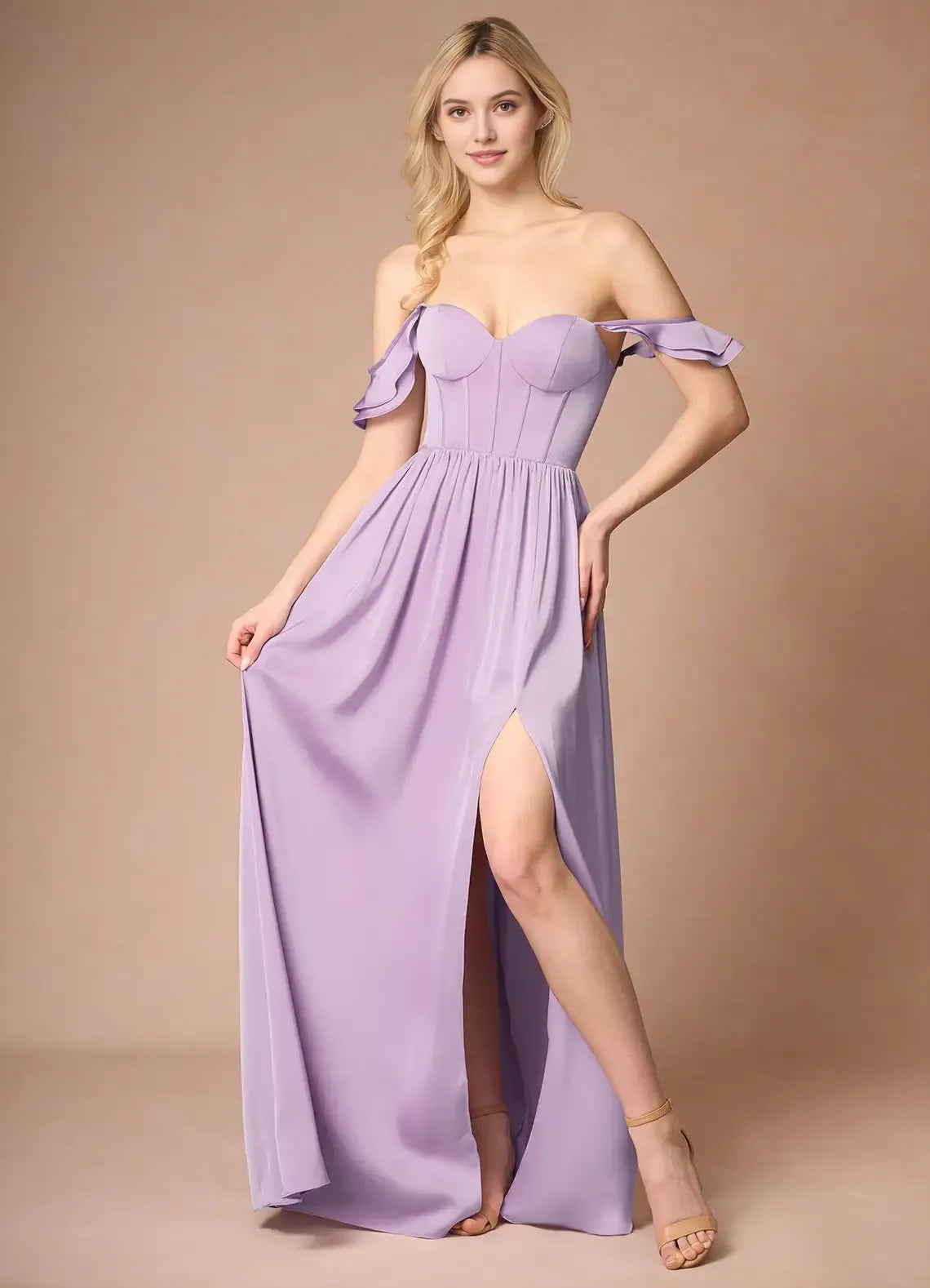 Elegant Red Ruffled A-Line Classic-Neck Classic-Sleeve Lace-Up-Back Floor-Length Prom Dress