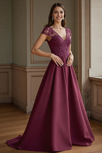 Luxurious Red Lace A-Line Classic-Neck Classic-Sleeve Classic-Back Floor-Length Mother-of-the-Bride Dress
