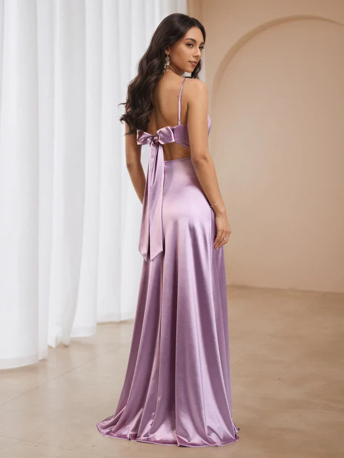 Lilac Prom Dress with Cowl Neckline Thin Spaghetti Straps and High Side Slit Luxurious Fabric for Elegant Evening Occasions
