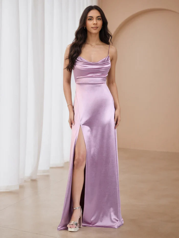 Lilac Prom Dress with Cowl Neckline Thin Spaghetti Straps and High Side Slit Luxurious Fabric for Elegant Evening Occasions