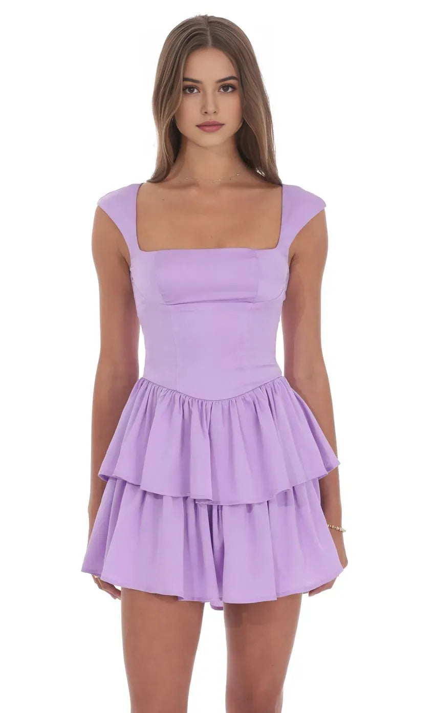 Lilac Square Neck Tiered Ruffle Homecoming Dress Sweet Stylish Prom Outfit for School Dances