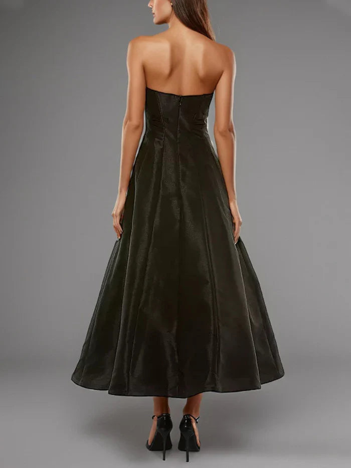 Black Little Dress Sweet A Line Strapless Black Ankle Length Prom Dress With Bowknot