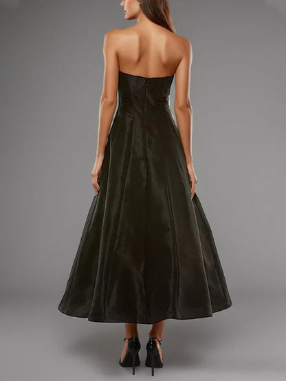 Elegant Black A-Line Strapless Classic-Sleeve Classic-Back Floor-Length Prom Dress