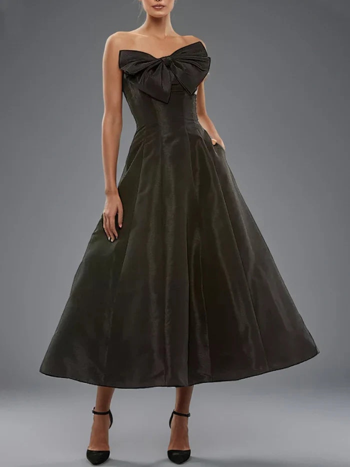 Black Little Dress Sweet A Line Strapless Black Ankle Length Prom Dress With Bowknot
