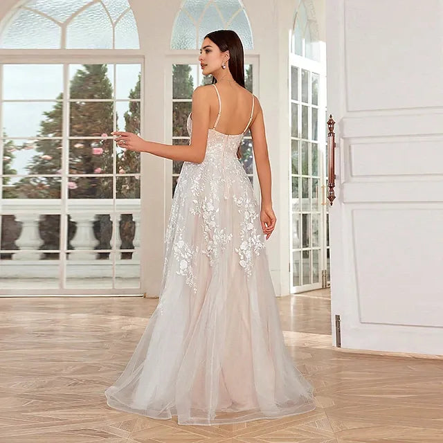 White Little Dresses Wedding Dresses A-Line V Neck Sleeveless Floor Length Bridal Gowns With Embroiderd Dress