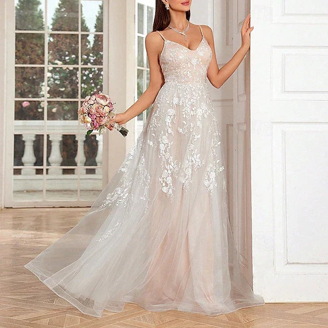 White Little Dresses Wedding Dresses A-Line V Neck Sleeveless Floor Length Bridal Gowns With Embroiderd Dress