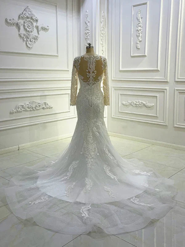 Long Sleeve V Neck Appique Mermaid Wedding Dresses