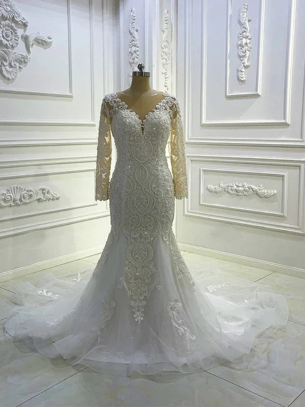 Long Sleeve V Neck Appique Mermaid Wedding Dresses