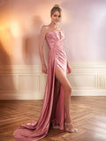 Pink Long Prom Dresses Mermaid Strapless Ruched High Splited Prom Dress With Train