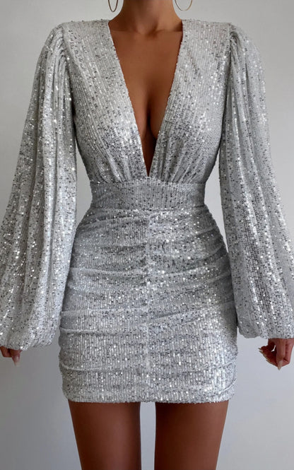 Graceful Stylish Refined Elegant Silver Sequin Sheath Long Sleeve Knee-Length Homecoming Dress