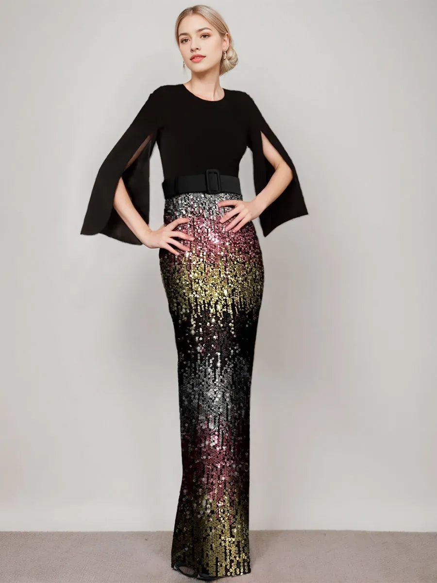 Long Sleeves Floor-Length Retro Mother of the Bride Groom Dresses with Belt