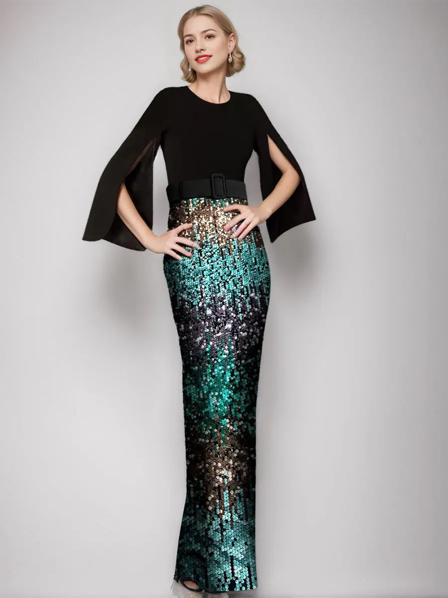Long Sleeves Floor-Length Retro Mother of the Bride Groom Dresses with Belt