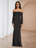 Black Long Sleeves Off The Shoulder Sweep/Brush Train Prom Dresses