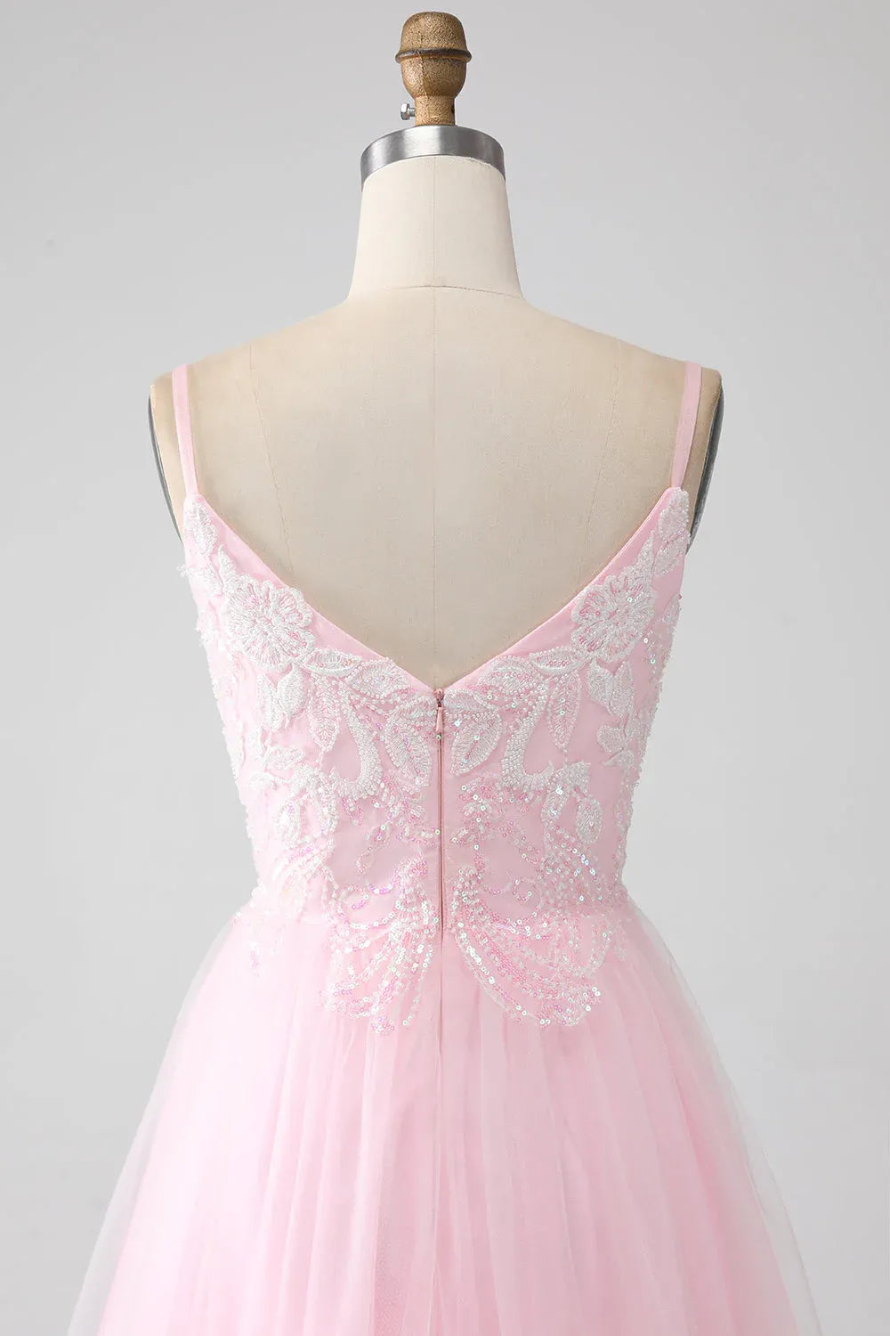 Pink Spaghetti Strap Sequins Beaded Maxi Prom Dress