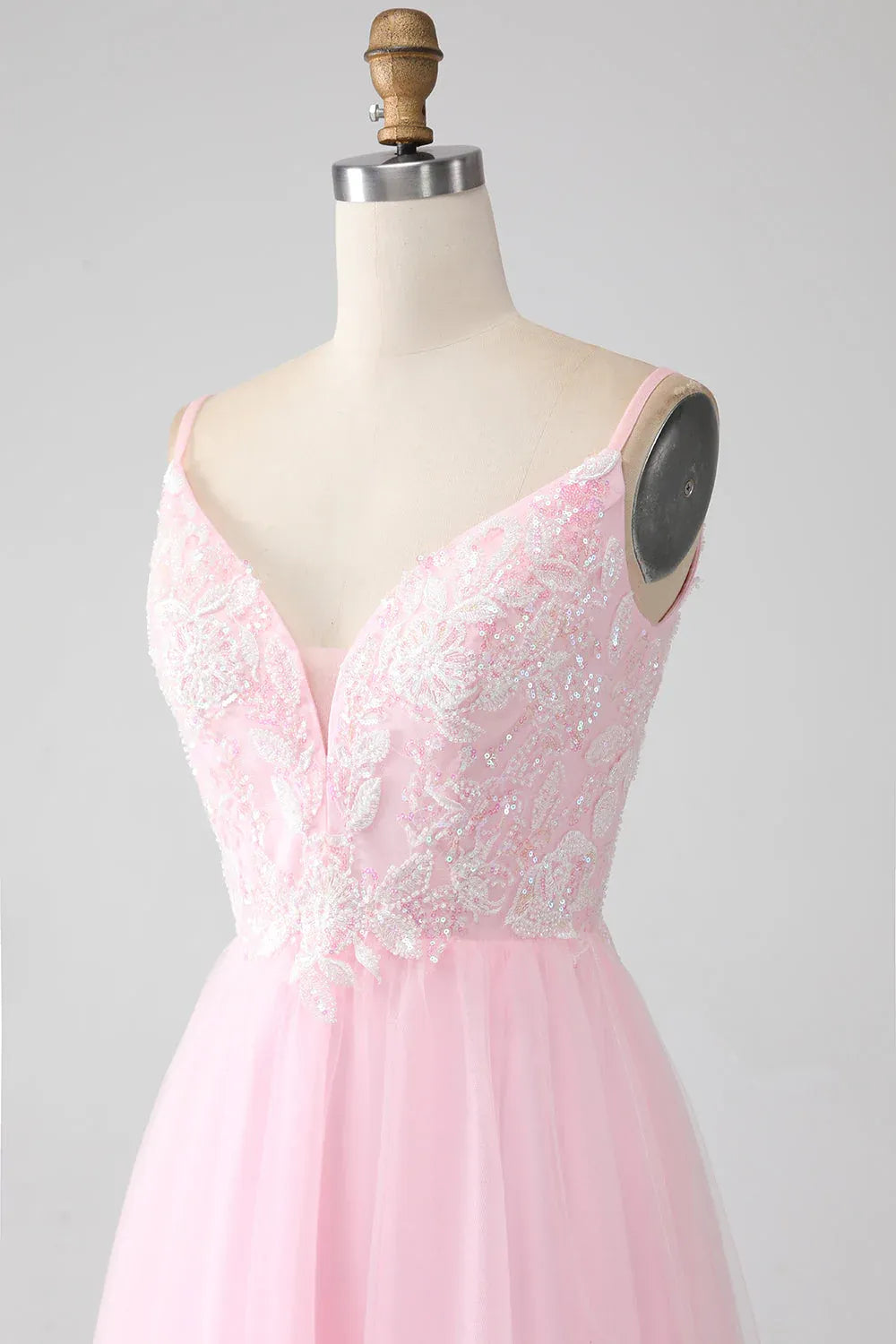 Pink Spaghetti Strap Sequins Beaded Maxi Prom Dress