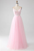 Pink Spaghetti Strap Sequins Beaded Maxi Prom Dress