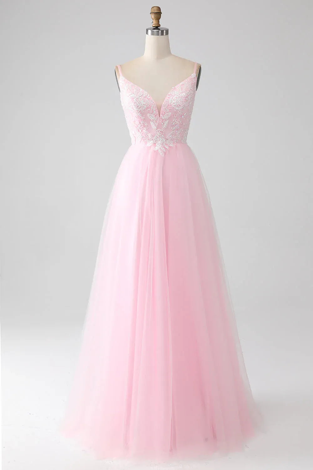 Pink Spaghetti Strap Sequins Beaded Maxi Prom Dress