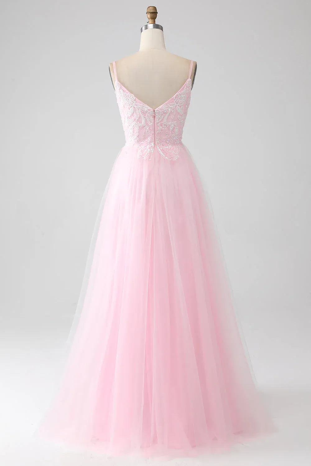 Pink Spaghetti Strap Sequins Beaded Maxi Prom Dress
