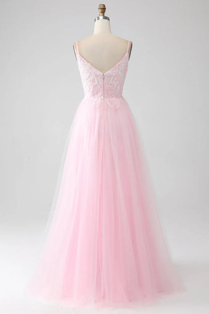Elegant Pink Applique A-Line Classic-Neck Sleeveless Classic-Back Floor-Length Prom Dress