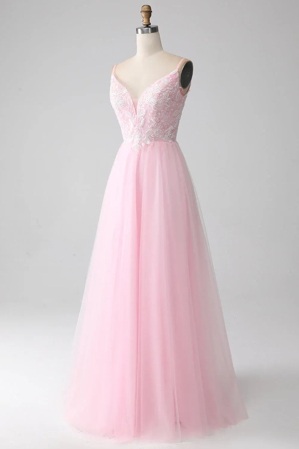 Pink Spaghetti Strap Sequins Beaded Maxi Prom Dress
