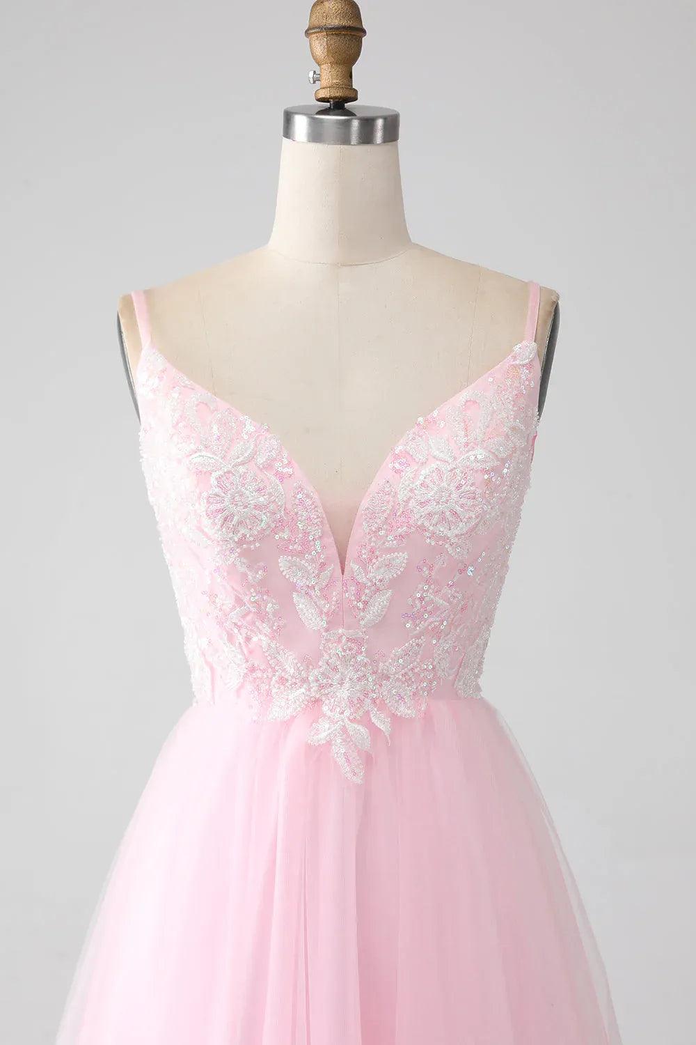 Pink Spaghetti Strap Sequins Beaded Maxi Prom Dress