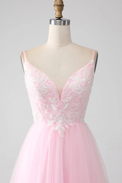 Elegant Pink Applique A-Line Classic-Neck Sleeveless Classic-Back Floor-Length Prom Dress