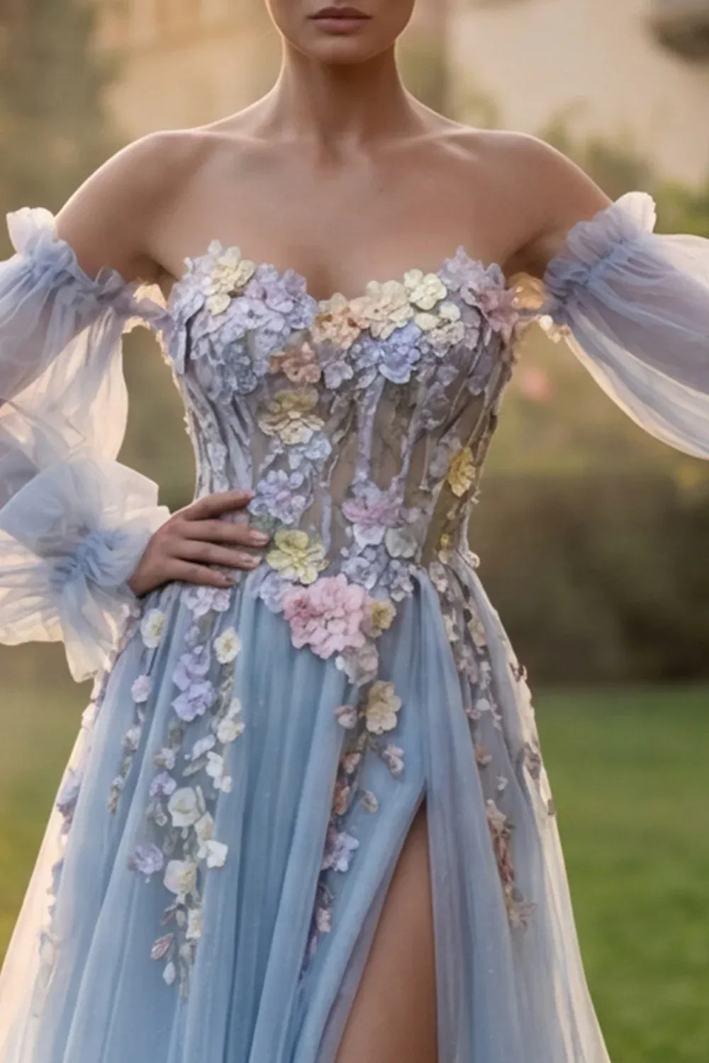 Blue Strapless 3D Flower Prom Dress With Removable Sleeves