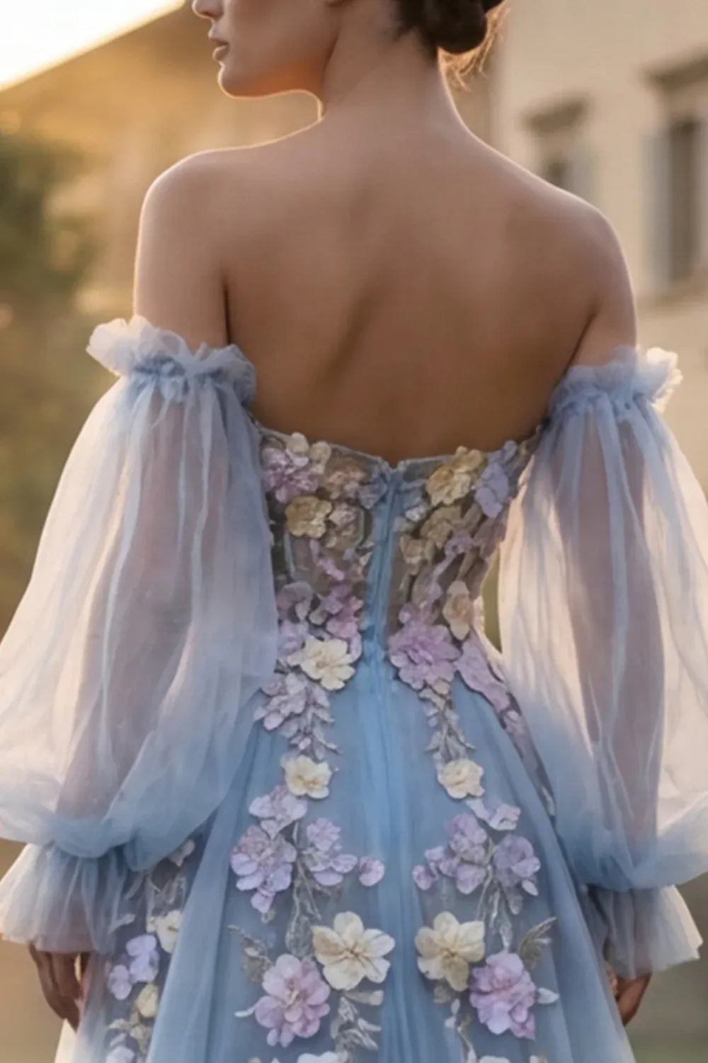 Blue Strapless 3D Flower Prom Dress With Removable Sleeves