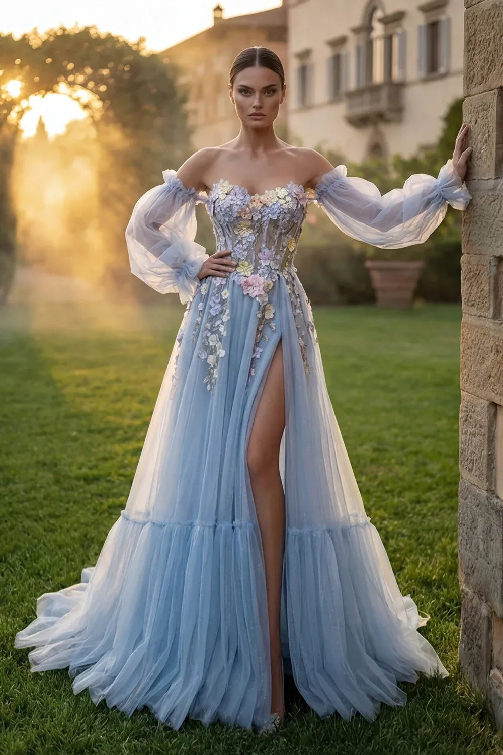 Blue Strapless 3D Flower Prom Dress With Removable Sleeves