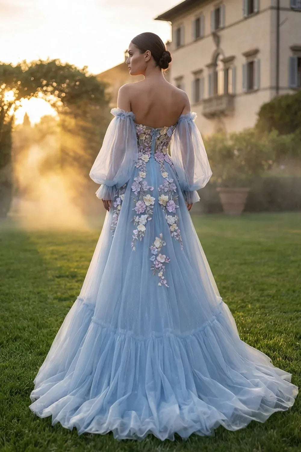 Blue Strapless 3D Flower Prom Dress With Removable Sleeves