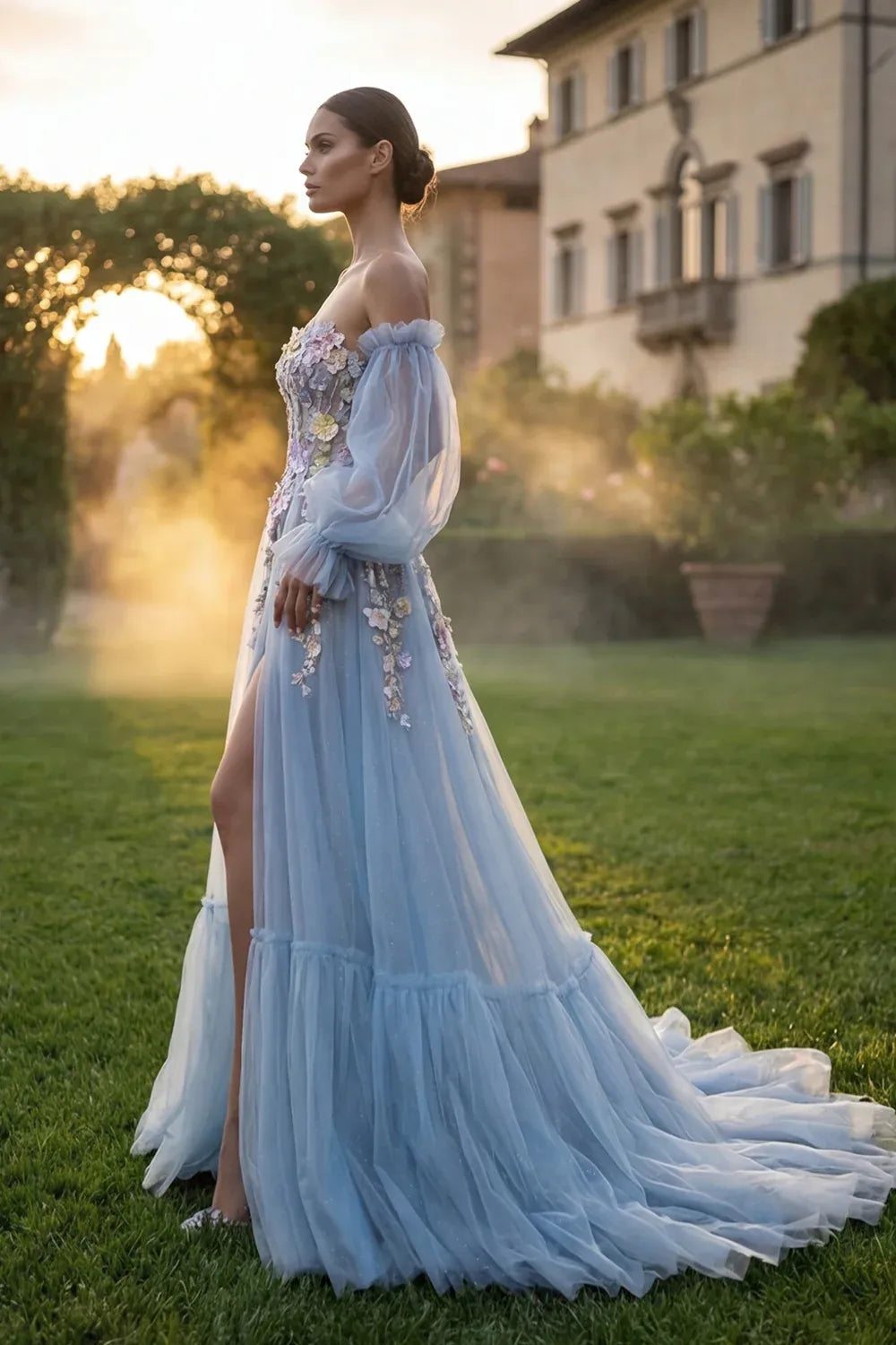 Blue Strapless 3D Flower Prom Dress With Removable Sleeves