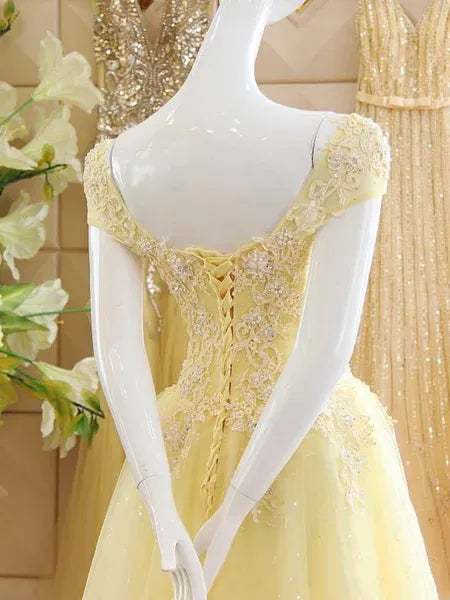 Yellow Off-Shoulder Beaded Applique Prom Dress
