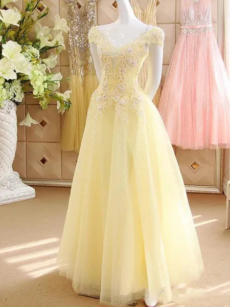 Yellow Off-Shoulder Beaded Applique Prom Dress