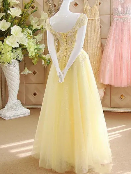 Yellow Off-Shoulder Beaded Applique Prom Dress