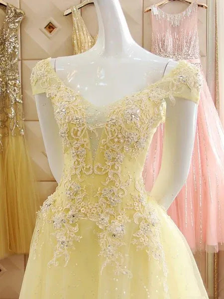 Yellow Off-Shoulder Beaded Applique Prom Dress