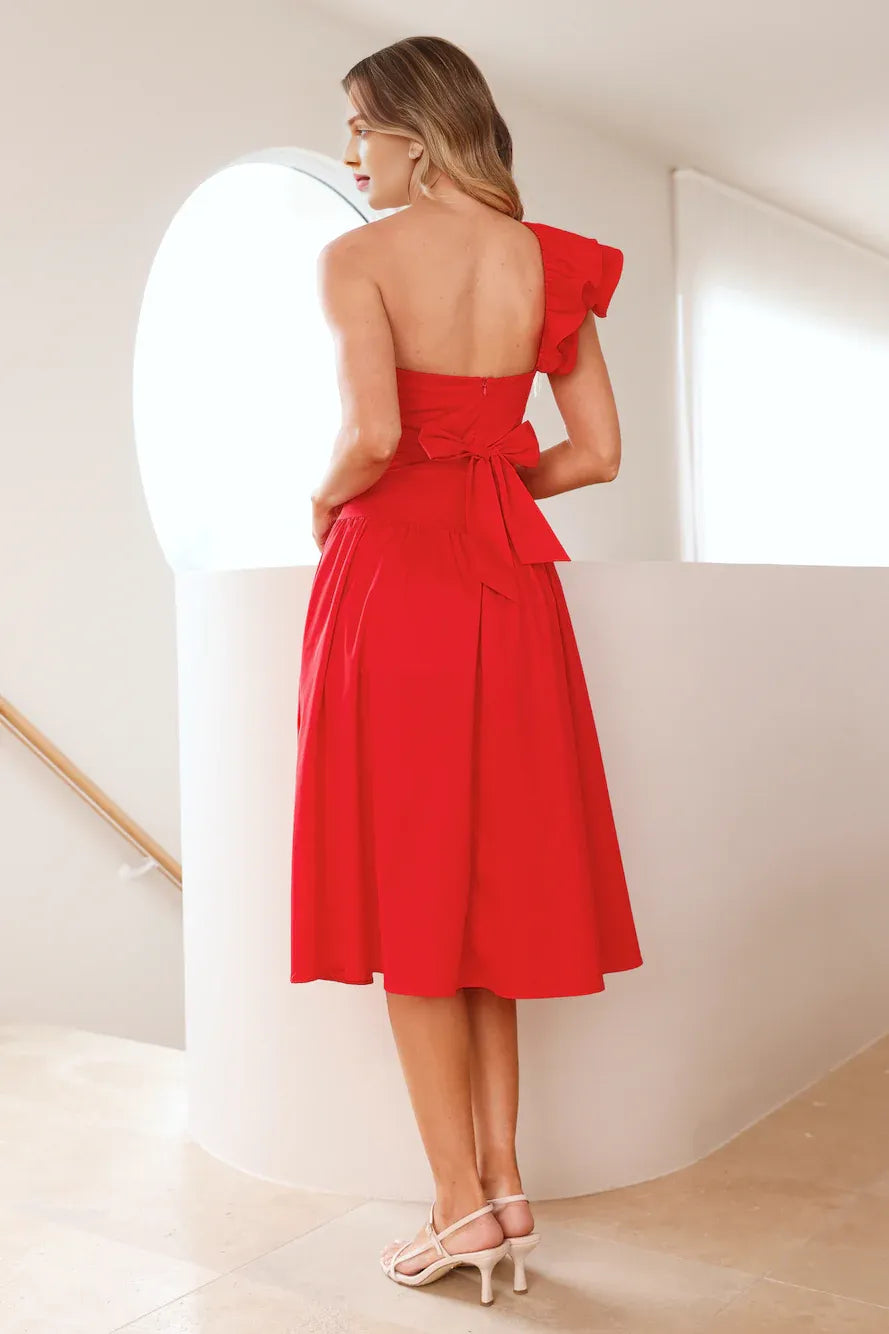 Red One Shoulder Ruffle Keyhole Cutout Midi Prom Dress With Slit
