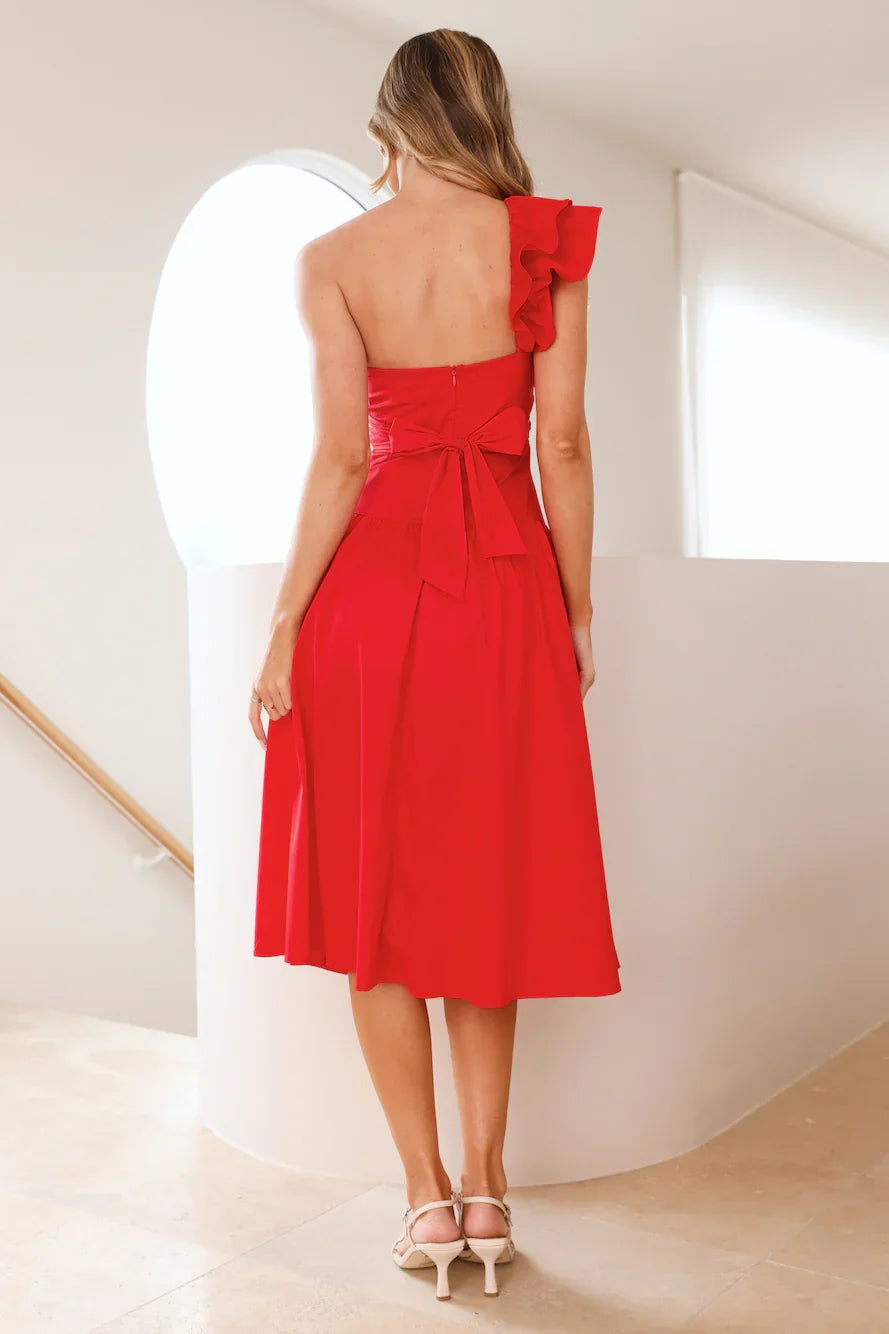 Red One Shoulder Ruffle Keyhole Cutout Midi Prom Dress With Slit