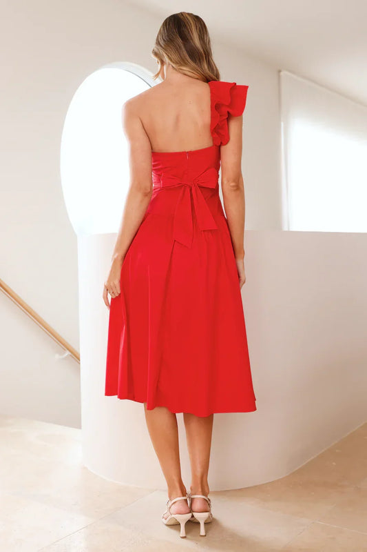 Elegant Red Ruffled A-Line One-Shoulder Classic-Sleeve Classic-Back Midi-Length Prom Dress
