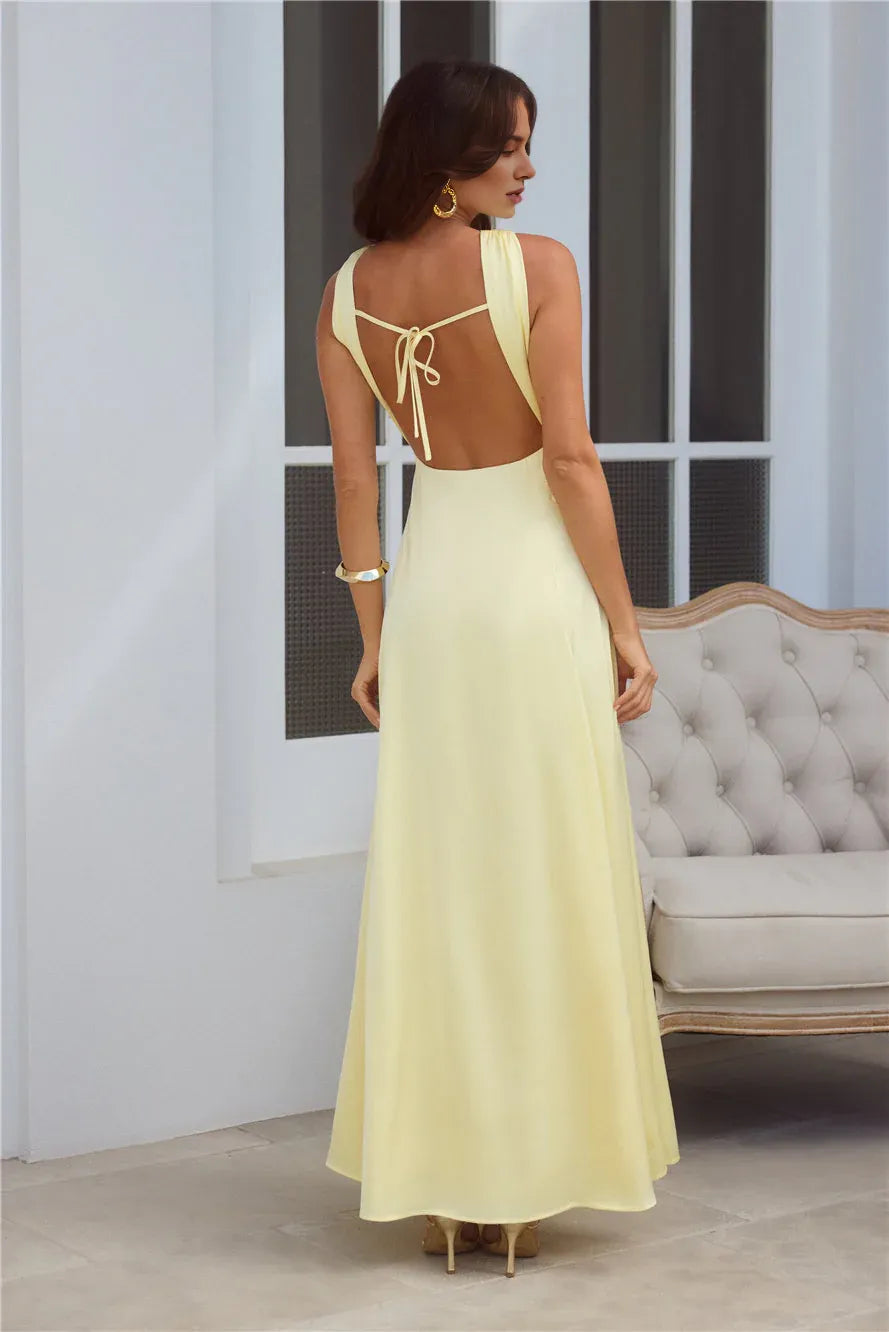 Yellow Twist Neck Keyhole Cutout Open Back Midi Prom Dress
